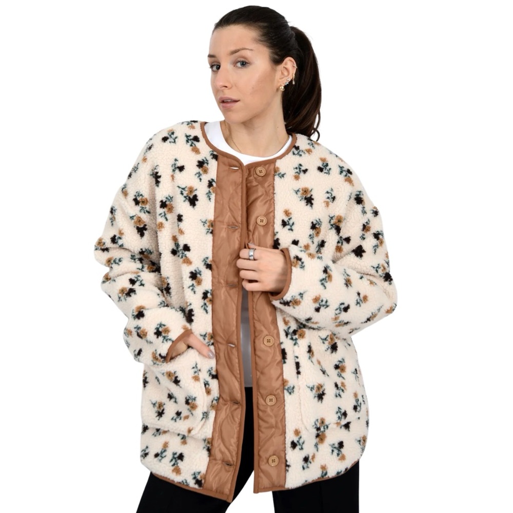 RD STYLE Sophia Sherpa Button Front Floral Cream & Tan Jacket Cottage Core Boho - Picture 2 of 14